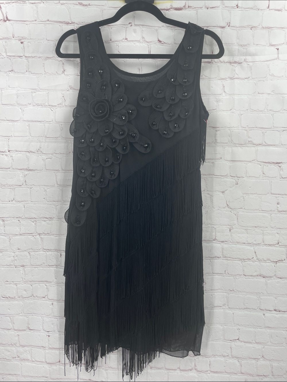 Black Fringe Floral Appliqué Sleeveless Dress Great Flapper Halloween Costume L